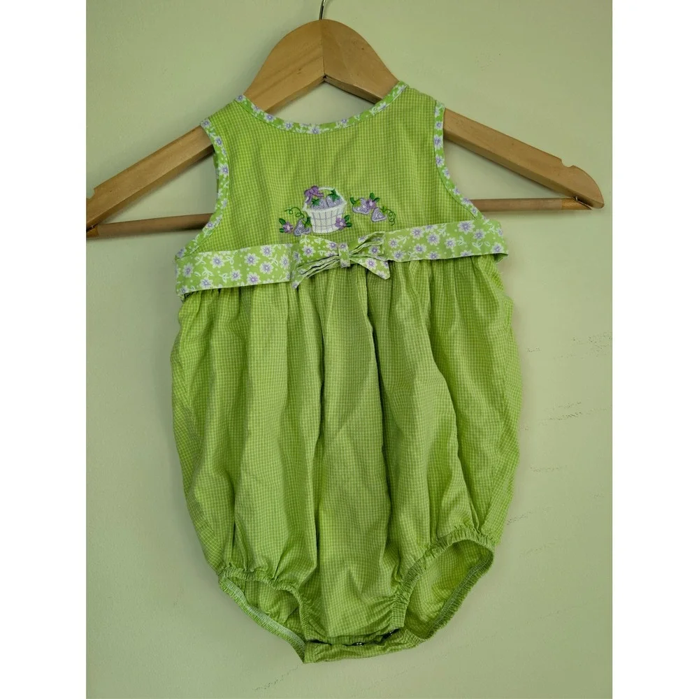 PA Kids‎ Vintage Bubble Romper Baby Girls 24M Green Gingham Berry Embroidery 90s